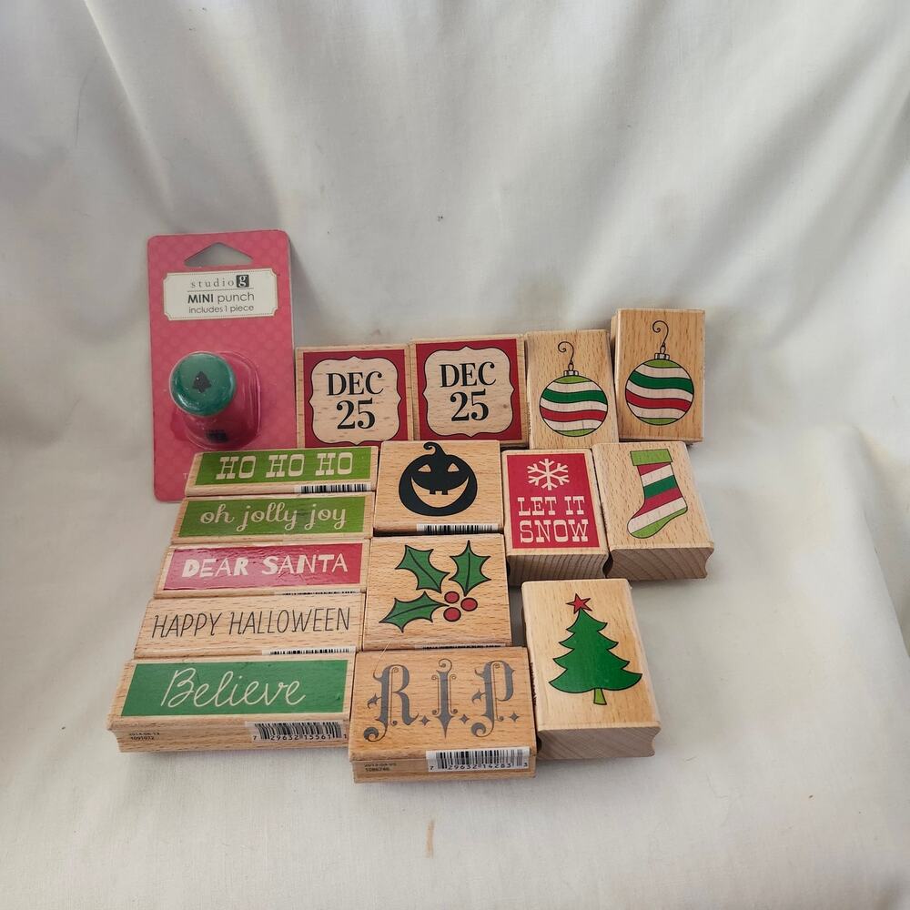 16 Studio G Rubber Stamps Mini Punch Christmas Halloween Wood Block New D2